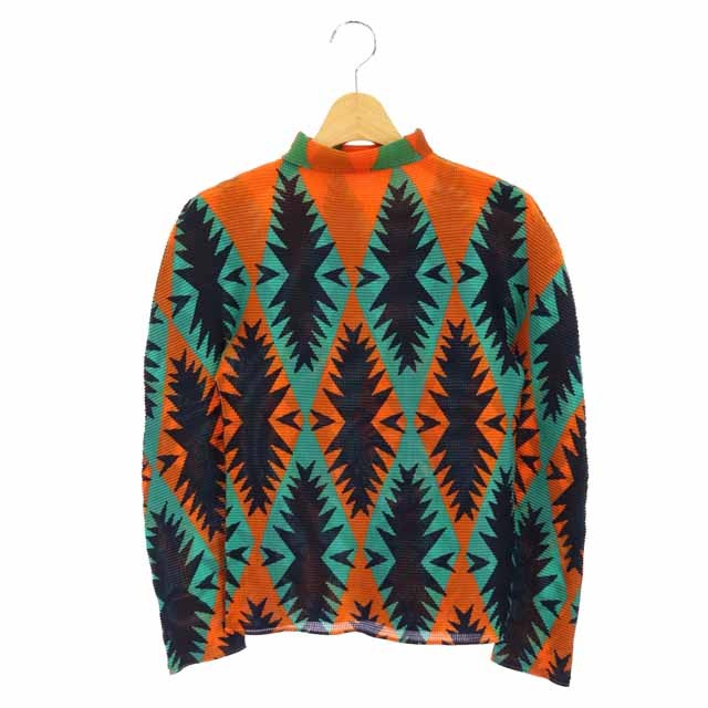 ISSEY MIYAKE me(イッセイミヤケミー) ミーイッセイミヤケ me ISSEY MIYAKE 19SS 総柄 ハイネックプリーツカットソー プルオーバー 長袖 オレンジ 紺 ネイビー /HS ■OS レディース レディース  サイズ表記なし