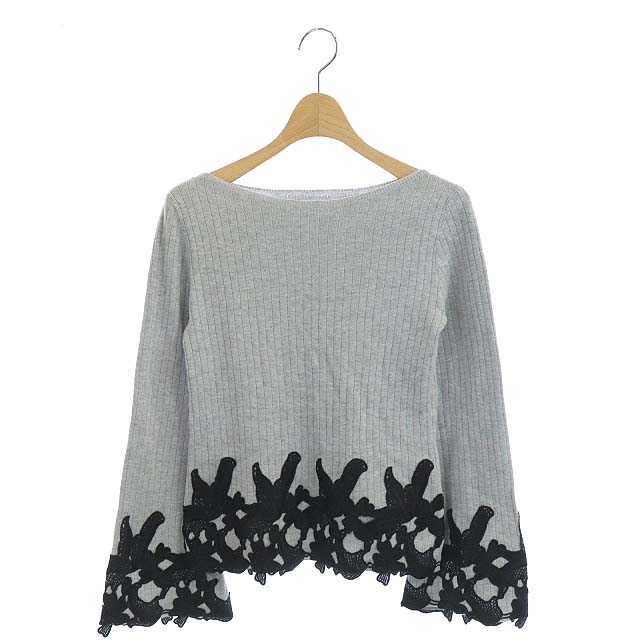GRACE CONTINENTAL(グレースコンチネンタル) ニット ワイドリブ シルク混 カットソー 長袖 刺繍 ボートネック 36 グレー 黒 ブラック /AA レディース  36(日本サイズS相当）