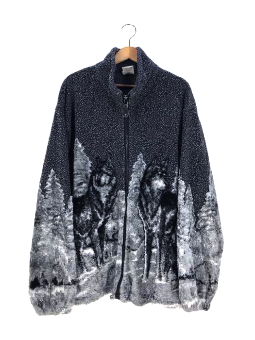 ユーズドフルギ USED古着 {{milton funwear}} 90s カナダ製 ウルフ 狼 アニマル柄 フリースジャケット メンズ import：XL