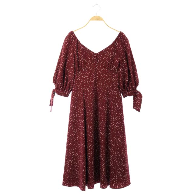 Estella.K(エステラケー) ドット柄 パフスリーブ ワンピース 半袖 リボン フレア 膝丈 Vネック F ワインレッド 白 ホワイト /AA ■OS レディース レディース  F