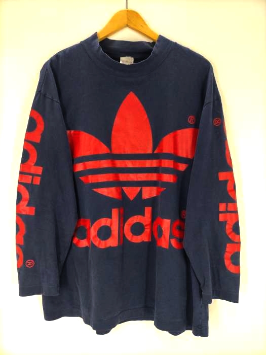 アディダス adidas 90S 銀タグ デサント製 トレフォイル 両面 袖 プリント デカロゴ モックネックカットソー シングルステッチ メンズ  M-L