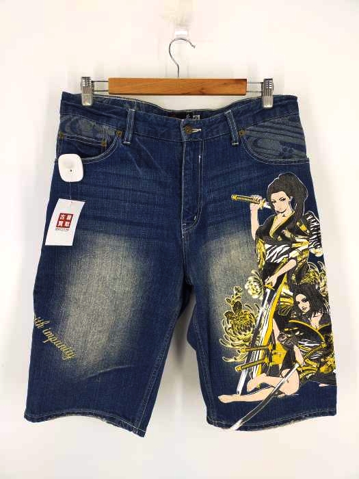 バットウムスメ DIVINE RETRIBUTION 抜刀娘 和柄 スクリプト 花刺繍デニムパンツ メンズ  36