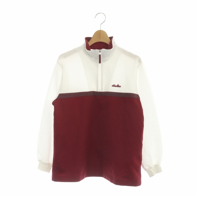 ellesse(エレッセ) ハーフジップ カットソー テニスウェア 長袖 バイカラー M 白 赤 ホワイト ボルドー /HS レディース  M