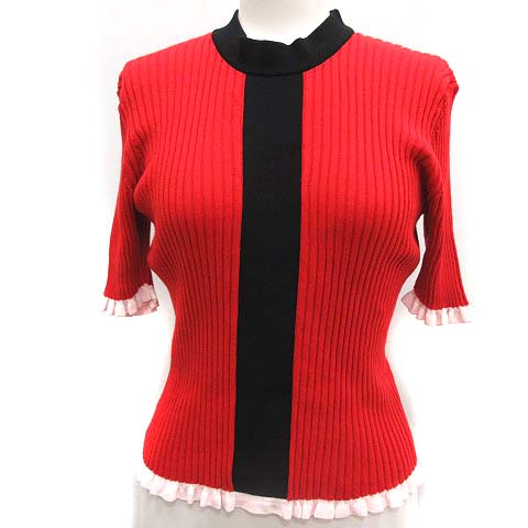 USED古着(ユーズドフルギ) アカネ ウツノミヤ AKANE UTSUNOMIYA 近年モデル セーター リブニット フリル 半袖 F 赤 レッド 黒 ブラック /EK レディース レディース  F