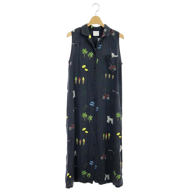 gelato pique(ジェラートピケ) 21SS シャツワンピース ノースリーブ サマーモチーフ 総柄 ドレス 胸ポケット ONE 紺 ネイビー /AA ■OS レディース  ONE