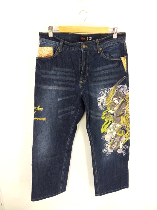 バットウムスメ DIVINE RETRIBUTION 抜刀娘 和柄 スクリプト 花 刺繍デニムパンツ メンズ  36