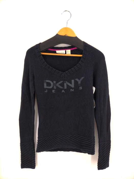 DKNY JEANS(ダナキャランニューヨーク ジーンズ) ロゴプリント ビーズ装飾 Vネックコットンニット レディース import：S