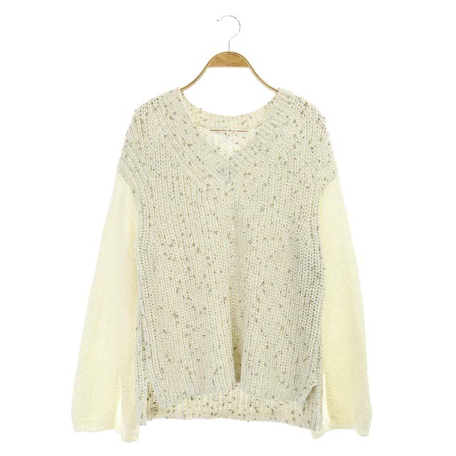 USED古着(ユーズドフルギ) {{Class Lounge}} SICILY ニット カットソー 長袖 スリットスリーブ プルオーバー Vネック 38 白 ゴールド ホワイト /AA ■OS ■SH レディース レディース  38（日本サイズ相当M)