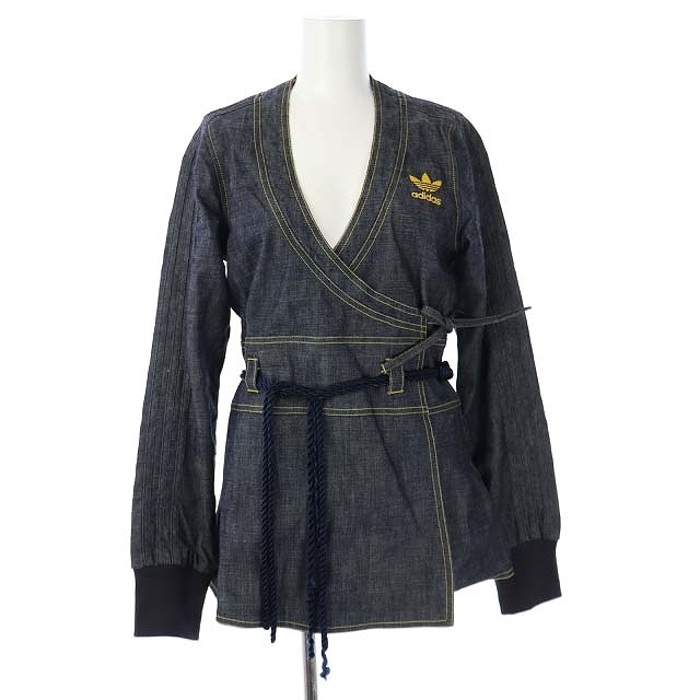 adidas Originals(アディダスオリジナルス) 着物柄ノーカラーデニムジャケット カシュクール ベルト付き 34 紺 ネイビー /HK ■OS レディース  34(日本サイズXS相当）