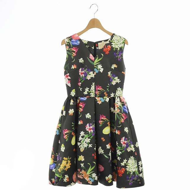 Chesty(チェスティ) ワンピース ひざ丈 ノースリーブ 花柄 フレア Vネック 0 チャコール 黒 ブラック マルチカラー /ES レディース  0（日本サイズ相当XS)