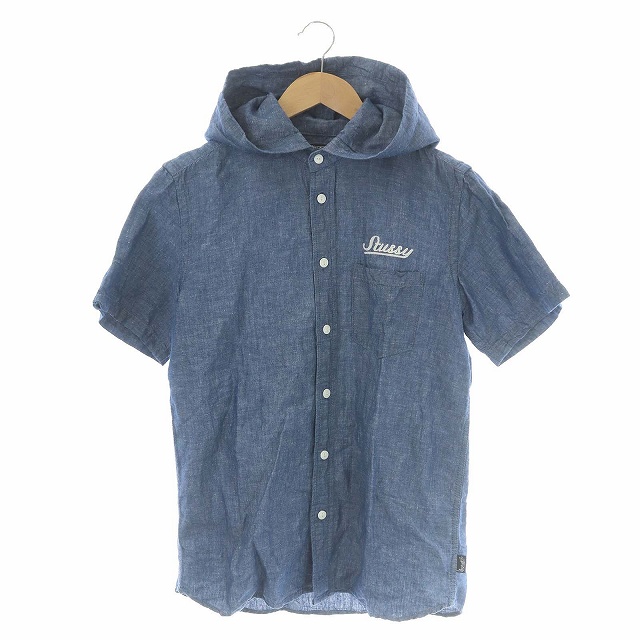 Stussy(ステューシー) AUTHENTIC デニムシャツ 半袖 フード 前開き ロゴ刺繍 S 青 インディゴ /CM メンズ  S