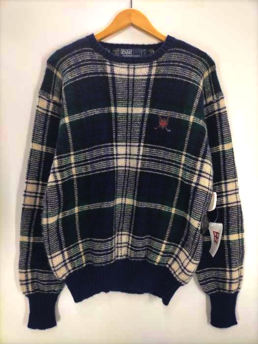 ポロバイラルフローレン Polo by RALPH LAUREN ゴルフエンブレム タータンチェック ウールニット メンズ import:L