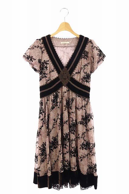 axes femme(アクシーズファム) ワンピース ひざ丈 Vネック レース 総柄 ベロア 切替 半袖 M ピンク 茶 ブラウン /MF ■EC レディース  M