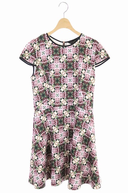 TED BAKER(テッドベーカー) 花柄ワンピース フレンチスリーブ ひざ丈 フレア 3 ピンク 緑 アイボリー グリーン /CM ■OS レディース  3（日本サイズXXS相当）
