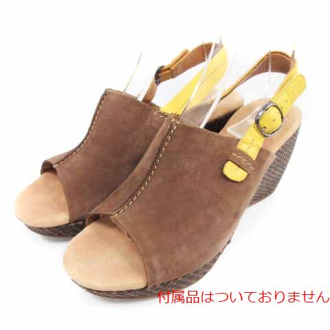 Clarks(クラークス) サンダル ストラップ ウェッジソール ヒール シューズ レザー 5.5 22.5cm 茶 ブラウン 黄 イエロー /HZ16 レディース  5.5（日本サイズ22.5cm相当）