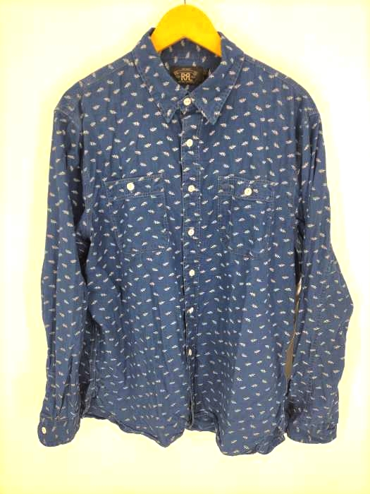 RRL RALPH LAUREN(ダブルアールエル ラルフローレン) インディゴ ロゴプリント ワークシャツ 総柄シャツ メンズ XL