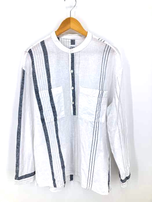 ZARA(ザラ) コットンリネン ストライプバンドカラープルオーバーシャツ メンズ import：L
