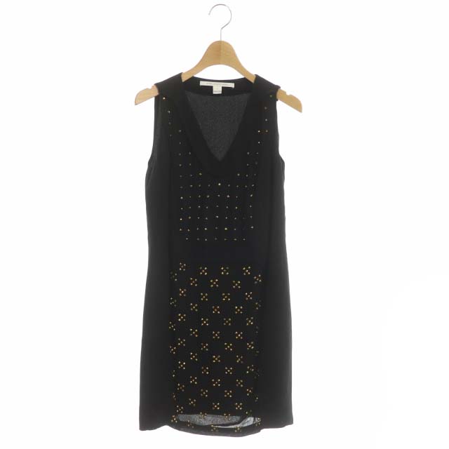 DIANE VON FURSTENBERG(ダイアンフォンファステンバーグ) ワンピース ひざ丈 ノースリーブ Vネック シルク スタッズ 0 黒 ブラック /MF レディース  0(日本サイズXS相当）