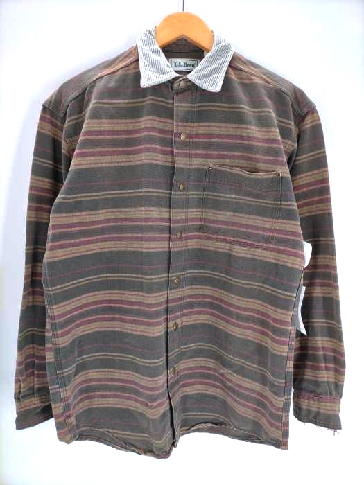 エルエルビーン L.L.Bean 80-90S 襟コーデュロイ スナップボタン ボーダー コットンシャツ メンズ JPN：S