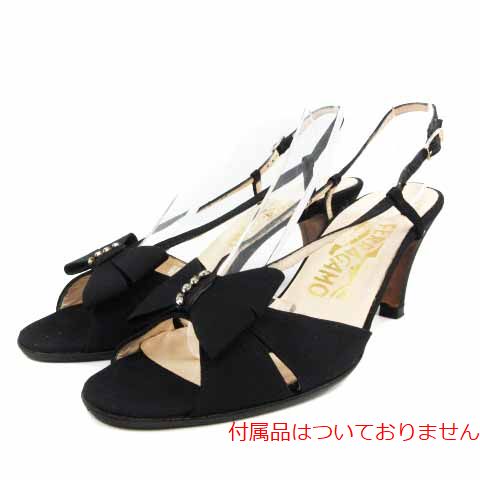 Salvatore Ferragamo(サルヴァトーレフェラガモ) サンダル ハイヒール リボン ストラップ ストーン 6 23.5cm 黒 ブラック /HZ29 レディース  6（日本サイズ23.5cm相当）