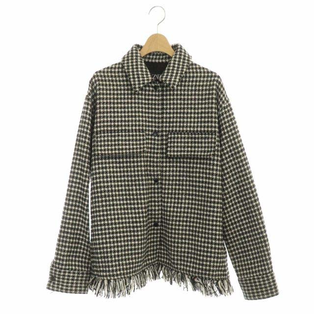 ZARA(ザラ) 千鳥柄 ジャケット ウール混 フリンジ アウター S 黒 白 ブラック ホワイト /HS レディース  S