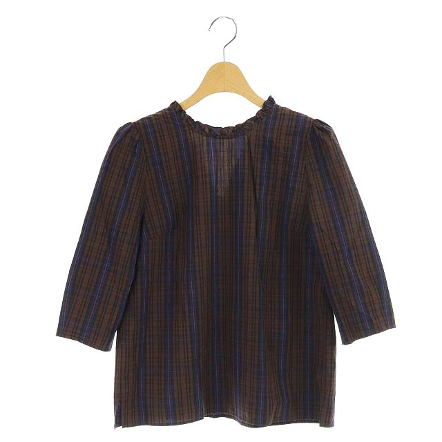 nano universe(ナノユニバース) 19AW ミニフリルバックVネックブラウス シャツ 五分袖 プルオーバー チェック 36 茶 ブラウン /AA ■OS レディース  36（日本サイズS相当）