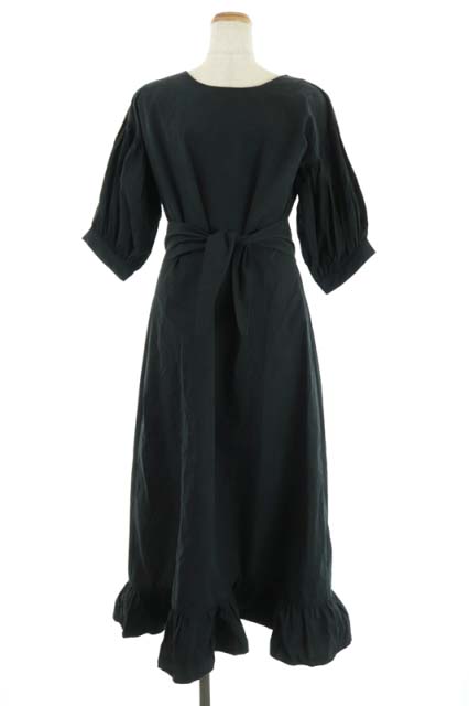 USED古着(ユーズドフルギ) {{Diarte}} 20SS LINA COTTON DRESS ワンピース 七分袖 ギャザースリーブ 切替 フリル ロング クルーネック ベルト付き S 黒 ブラック /AA ■OS レディース レディース S