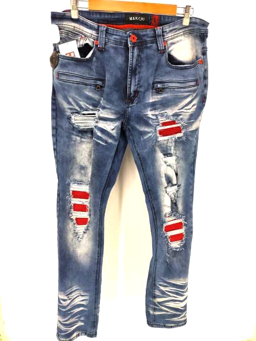 ユーズドフルギ USED古着 {{MAKOBI}} ダメージ加工ペイントデザインストレッチデニムパンツ バイカージーンズ デニム メンズ  36×32