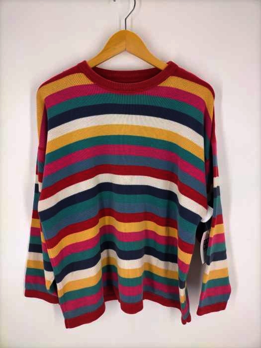 エディーバウアー Eddie Bauer 80-90S 黒タグ インド製マルチカラーボーダーコットンニット メンズ JPN：L