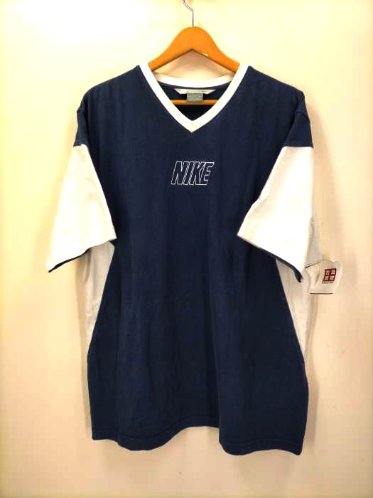 NIKE(ナイキ) 銀タグ Vネック フロントロゴ刺繍 切替 オーバーサイズTシャツ メンズ JPN：XL