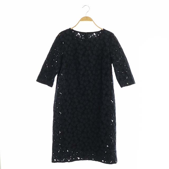 LANVIN(ランバン) COLLECTION 花柄レースワンピース 膝丈 七分袖 タイト インナー付き 38 紺 ネイビー /ES ■OS レディース  38（日本サイズM相当）