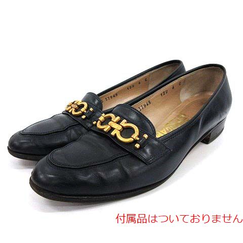 Salvatore Ferragamo(サルヴァトーレフェラガモ) パンプス ローファー ローヒール チャンキーヒール ガンチーニ レザー 6C 23cm 紺 ネイビー /YM ■GY レディース  6 C(23cm)