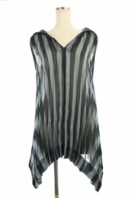 ISSEY MIYAKE(イッセイミヤケ) ストライププリーツノースリーブチュニックブラウス プルオーバー Vネック 2 グレー 黒 ブラック /ES ■OS レディース 2(日本サイズM相当)