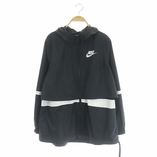 NIKE(ナイキ) ウーブン ジャケット パーカー フード ジップアップ ライン 裏地メッシュ L 黒 白 ブラック ホワイト /DF ●D レディース  L