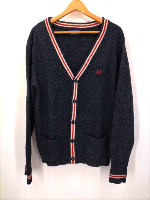 FRED PERRY(フレッドペリー) ワンポイントロゴ刺繍 ライン ウール カーディガン メンズ  XL