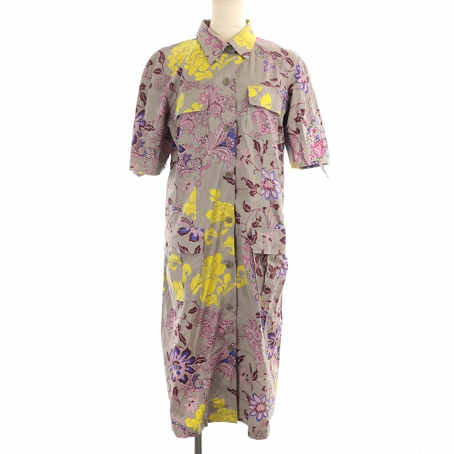 ETRO(エトロ) シャツワンピース 五分袖 ロング ミモレ 総柄 花柄 44 L グレー 黄色 ボルドー /PJ ■EC レディース  44（日本サイズL相当）
