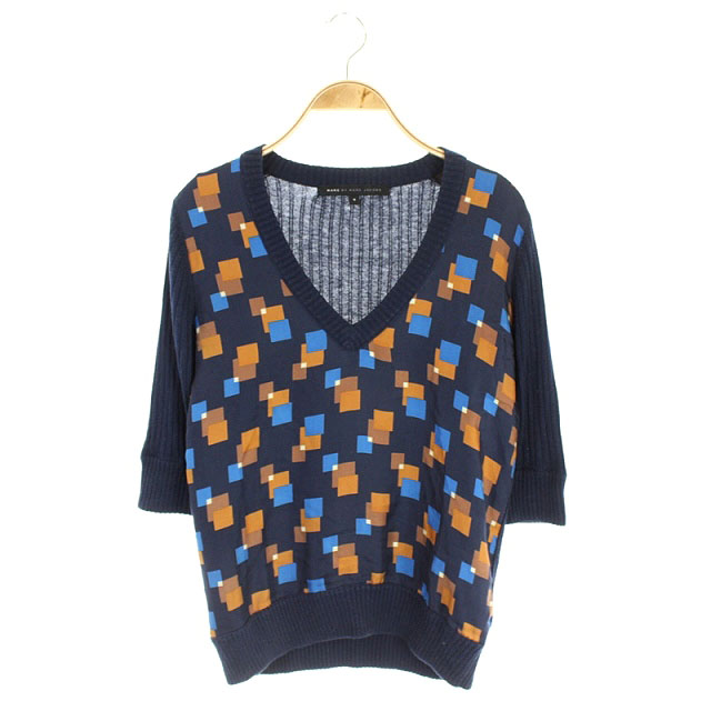 Marc by Marc Jacobs(マークバイマークジェイコブス) 総柄七分袖ニット セーター プルオーバー Vネック 七分袖 切替 シルク コットン S 紺 茶 青 ネイビー ブラウン ブルー /DF ■OS レディース  S