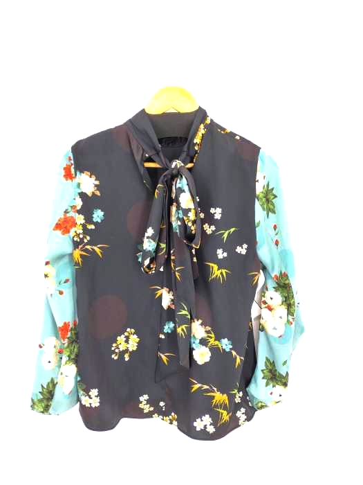 ザラ ZARA BLACK FLORAL RUCHED SLEEVE TOP レディース import：S
