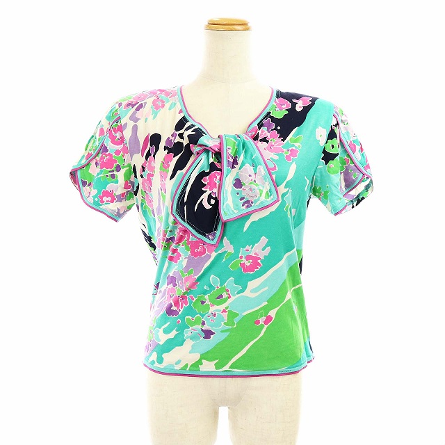 LEONARD(レオナール) FASHION ヴィンテージ 90s ボウタイトップス カットソー Tシャツ パフスリーブ 半袖 花柄 S 緑 グリーン 黒 ブラック ピンク マルチカラー IBO14 /SI16 レディース  S