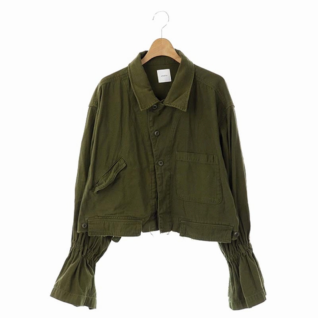 Ameri VINTAGE(アメリヴィンテージ) 18SS VOLUME BELL SLEEVE MILITARY HALFCOM ミリタリージャケット ボリュームスリーブ ダメージ加工 カーキ /HS ■OS レディース  表記なし