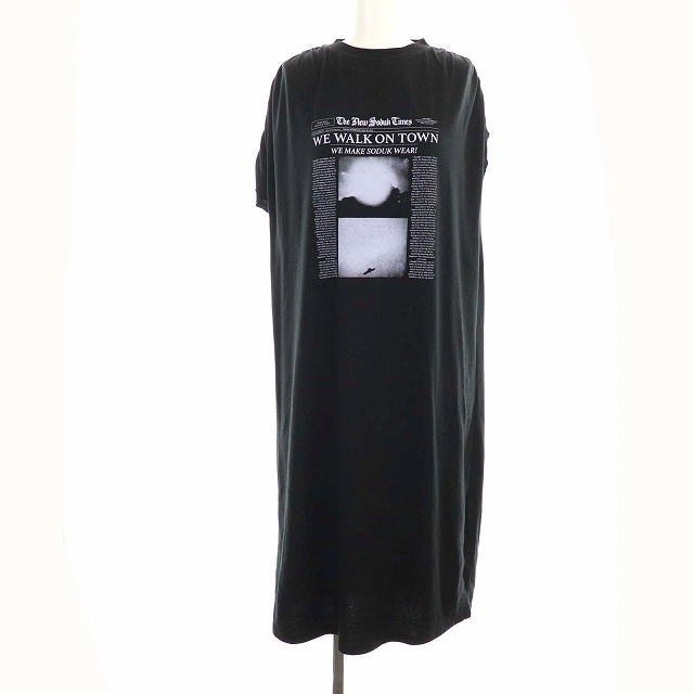 soduk(スドーク) スドーク soduk 20SS we walk on town long t-s ワンピース 半袖 ドルマンスリーブ ロング プリント ロゴ 黒 ブラック /KH レディース レディース 表記無