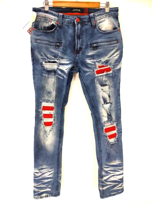 ユーズドフルギ USED古着 {{MAKOBI}}ストレッチスキニーデニム バイカーパンツ ダメージ加工 ブリーチ メンズ  36/32