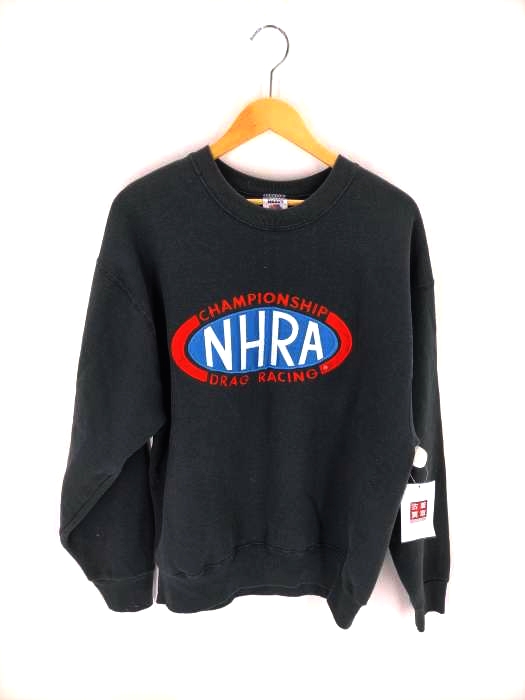 FRUIT OF THE LOOM(フルーツオブザルーム) 90S USA製 NHRA ドラッグレース ロゴ刺繍 クルーネックスウェット ブラックボディ メンズ JPN:L