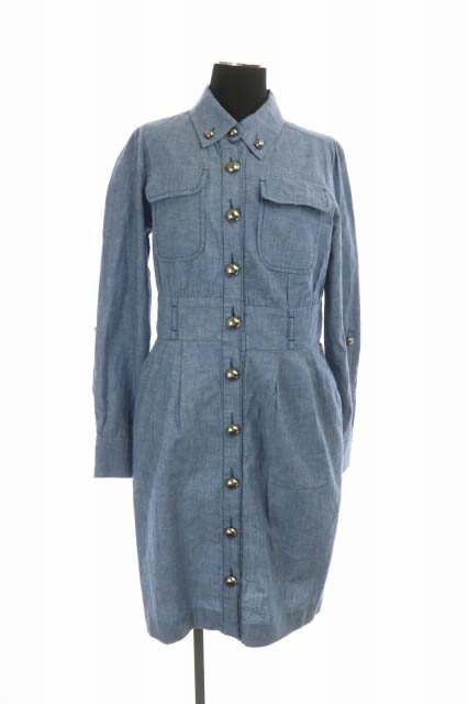 LANVIN en Bleu(ランバンオンブルー) シャツワンピース 長袖 タイト ひざ丈 胸ポケット 38 青 ブルー /AA レディース  38(日本サイズM相当）