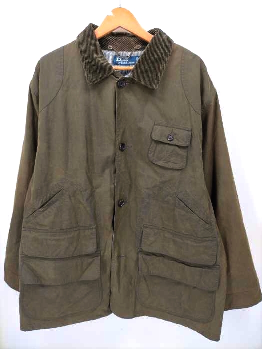 Polo by RALPH LAUREN(ポロバイラルフローレン) 90S 襟コーデュロイ オイルドコーティング ハンティングジャケット 裏地千鳥格子柄 メンズ JPN：L