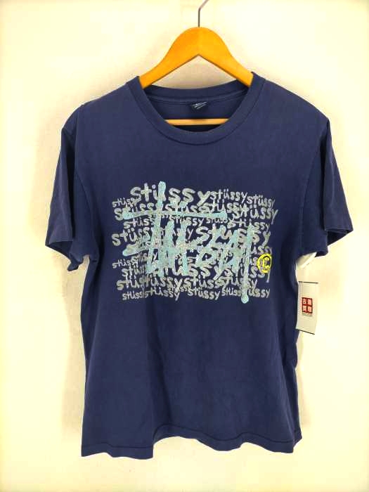 ステューシー Stussy 90S 紺タグ USA製 総ロゴプリント クルーネックTシャツ 裾袖シングルステッチ メンズ  M