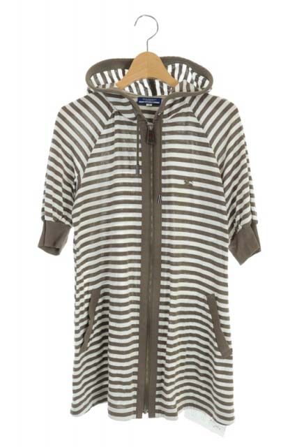 BURBERRY BLUE LABEL(バーバリーブルーレーベル) ジャケット パーカー ロング フード ボーダー 半袖 38 ベージュ 白 ホワイト /MF ■EC レディース  38（日本サイズ相当M)