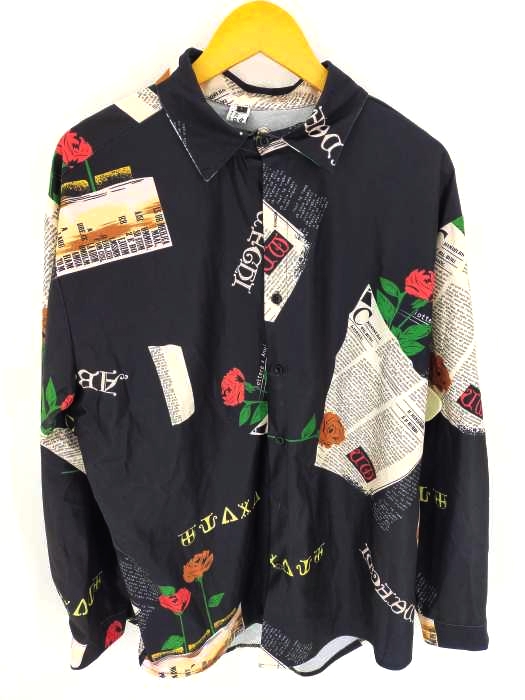 ユーズドフルギ USED古着 {{JACOB’S warehouse}} 薔薇ニュースペーパー柄 ポリエステルシャツ メンズ  L