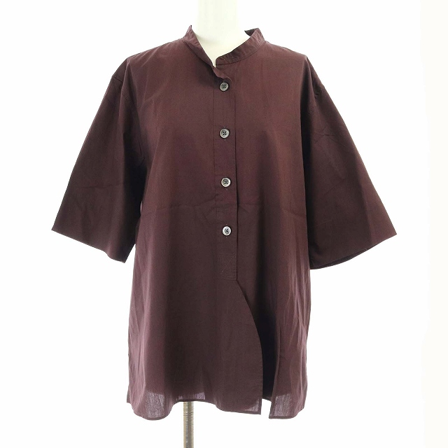 MARGARET HOWELL(マーガレットハウエル) 21SS LIGHT COTTON POPLIN シャツ ブラウン バンドカラー 半袖 オーバーサイズ 2 M ボルドー /KH レディース  2（M）