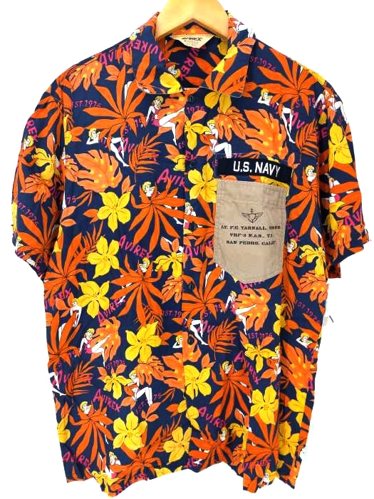 AVIREX(アヴィレックス) Custom Hawaiian Shirt カスタムハワイアンシャツ アロハ 猫目ボタン メンズ import：L